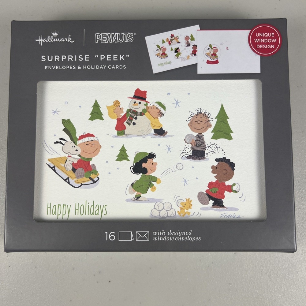 PEANUTS Happy Holidays Hallmark Greeting‎ Cards Box 16 Surprise "Peek" Envelopes